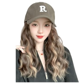 WBLDBB Wig Cap with Hat, Fluffy Curly Wavy Brown Hair Wig with Baseball Cap Long Ash Brown Fashion Wig with Net