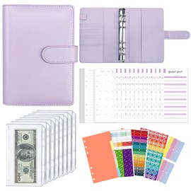 JUNART A6 Budget Binder with Cash Envelopes, Money Saving Binder Budget Wallet with Cash Binder Pocket, Budget Planner, Stickers, Budget Book for Teenager Student Adult(Purple)