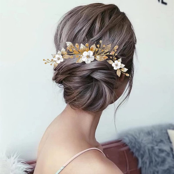3 Pieces Flower Hair Pins Wedding Crystal Hair Clips Bridal Hair Pins Leaf Wedding Hair Pins Elegant Bridal Hair Accessories for Women (Gold)