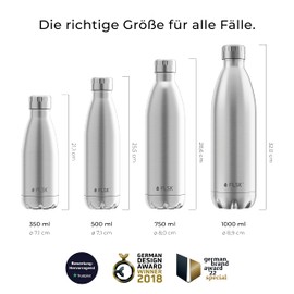 FLSK Stainless Steel Drinking Bottle, Suitable for Carbonic Acid, Insulated Bottle Keeps Hot for 18 Hours and Cold for 24 Hours, BPA-Free and Rustproof, Stainless, 500 ml