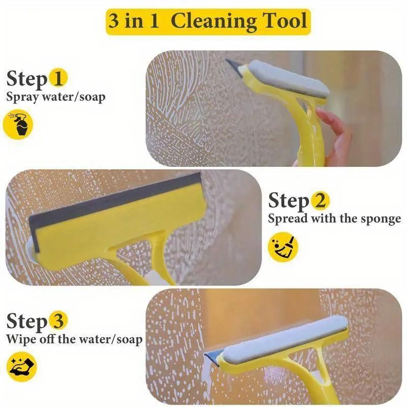 Three-in-one multi-functional glass cleaner with spray head and scraper, suitable