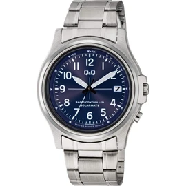 Cue & Cue HG18-235 Men's Wristwatch, Analog, Radio, Solar, Waterproof, Date Display, Metal Band, Blue Dial, Silver, blue, watch