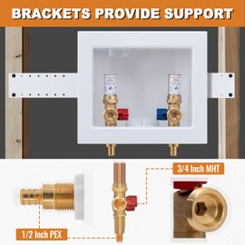 SUNGATOR Washing Machine Outlet Box with Copper Water Hammer Arrestor, Laundry Washer Water Valve Wall Box with Center Drain, 1/2 Inch Pex Crimp Inlet x 3/4 Inch MHT Outlet (4 Crimp Rings)