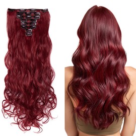 SEGO Pro Clip in Hair Extensions 8 Pcs 18 Clips Full Head Synthetic Fiber Hair Pieces for Women, Curly 24 Inch (Maroon&Dark Red)