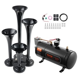 VEVOR Train Horns Kit, 4 Trumpet Air Horn Kit, 150dB Train Horns for Pickup Trucks, 12V 120 psi Air Compressor 0.8 Gal/3 L Tank with Gauge for Any 12V Vehicle Car Truck Train Van Boat Power Sound Accessory - Capacity: Train Horns + Tank + Air Compressor 