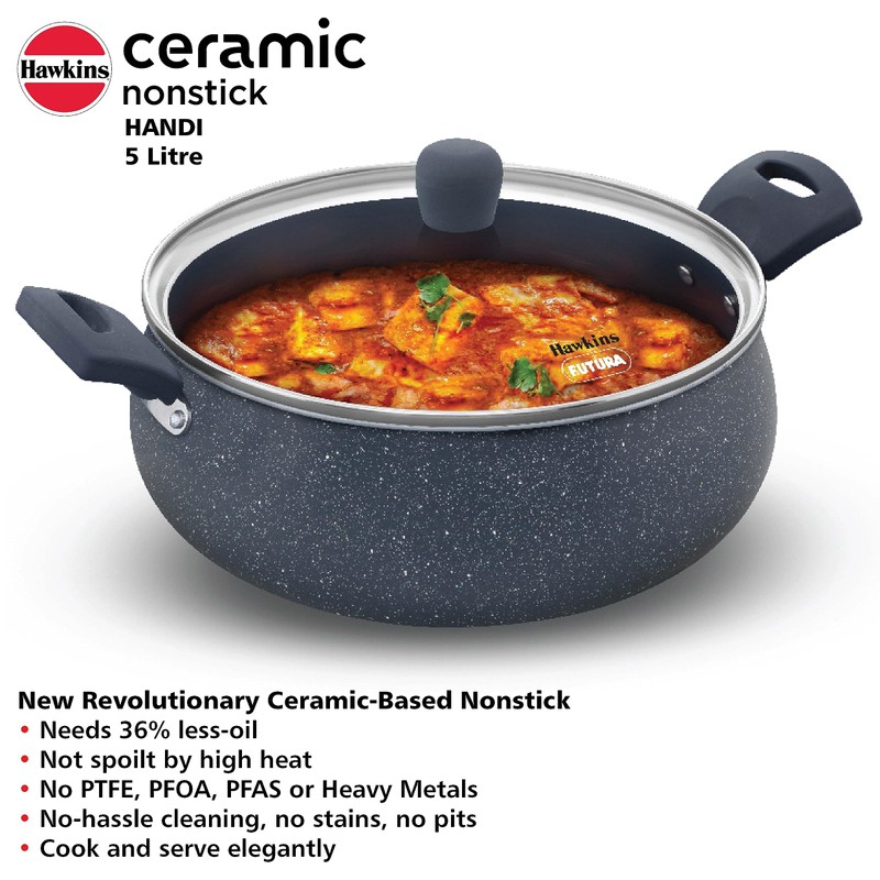 Hawkins Ceramic Nonstick Handi, 5 Litre, Induction Biryani Pot, Granite