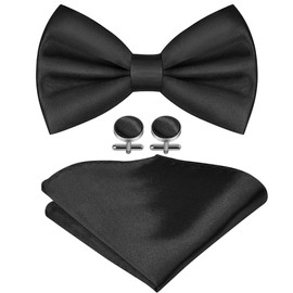 URAQT Black Men's Bow Tie Set, Solid Color Pre-Tied Bow Tie and Pocket Square Cufflink Set for Men, Satin Tux Bowtie & Handkerchief, Adjustable Formal Neck Bowtie for Parties, Wedding