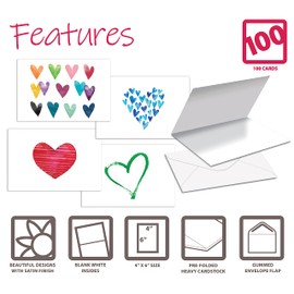 Better Office Products Better Office Products 100-Pack All Occasion Greeting Cards, Assorted Blank Note Cards, 4 x 6 inch, 6 Contemporary Heart Designs, Blank Inside, with Envelopes, 100 Pack