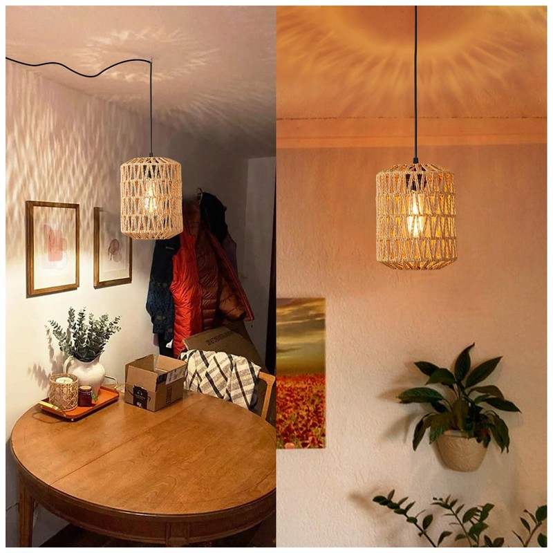 YXTH Plug in Pendant Light, Rattan Hanging Lights with Plug