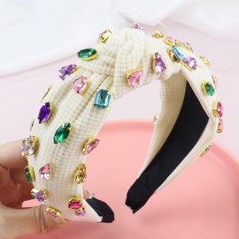 Brihasory Sparkle Rhinestone Knotted Headbands for Women and Girls Crystal Jeweled Headband Fashion Mardi Gras Accessories Party Prom Carnival Valentines Headwear Wide Headband Hair Hoop(White)