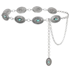 LEACOOLKEY Women Western Boho Chain Belt Country Concho Cowgirl Turquoise chain Belt,silver