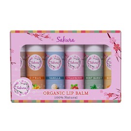 Sakura Organic Lip Balm Set, 100% Natural, 6 Flavours - Strawberry, Citrus, Vanilla, Mint Burst, Beeswax and Coconut