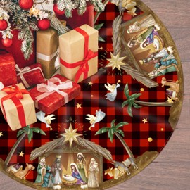 Christmas Tree Skirt 48 Inch Christmas Xmas Winter Tree Skirt Christmas Tree Skirt Collar Xmas Decorative Tree Mat Rustic Christmas Decorations for Home Office Winter Holiday Party Decor (Jesus)