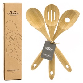 Dehaus® Premium Bamboo Wooden Spoons - Set of 3 - Luxury Slotted & Pointed Cooking Spoon - Kitchen Spoon Utensil Accessories - Wood Cooking Tools for Non Stick Pan or Wok - Mini Starter Sets