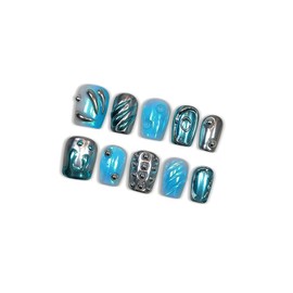 hantyer Uñas Postizas Cuadradas A Presión, Hechas A Mano, De Gel Suave, En Azul Cromo Y Plateado Metalizado, Con Diseño De Ondas Esculpidas En 3D, Uñas Postizas Reutilizables Futuristas Iridiscentes D