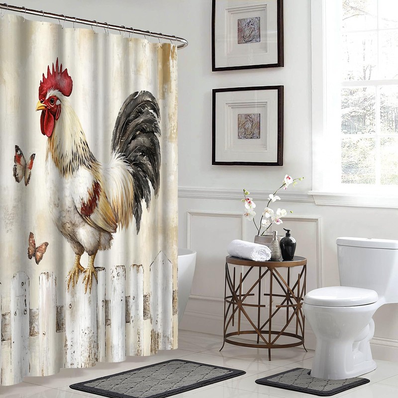 Rasrantyed Rustic Farmhouse Rooster Shower Curtain, Country Style Chicken on