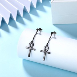 Black Color Ankh Cross Earrings for Mens 925 Sterling Silver Womens Icy Bling Ankh Cross Dangling Earrings Religious Earrings Every Day Wear Unisex Egyptian Jewelry FE0133K