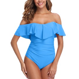 ZINPRETTY - Traje de baño retro de una pieza para mujer, con control de barriga, hombros descubiertos, con volantes, monokini de cobertura completa, Azul Claro One Piece, M