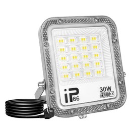 RIGIDON LED Spotlight with Plug, 30 W 3000 LM LED Spotlight Outdoor 6000 K Cool White IP66 Waterproof Outdoor Spotlight LED Floodlight for Garden, Garage, Sports Field, Patios