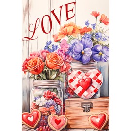 Texupday Valentine's Day Love Heart Mason Jar Floral Decoration Vertical Garden Flag Rustic Holiday Wedding Party Outdoor Yard Banner 12" x 18"