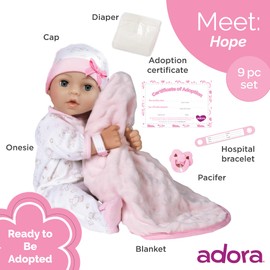 Adora 16 Inch Girl Baby Doll with Accessories Pink Matching 9-Piece Set Including a Pacifier, Hospital, Bracelet, Diaper, and More Gift for Toddlers Ages 3+ Adoption Babies Collection - Hope
