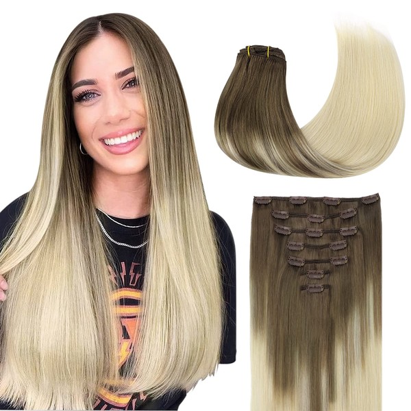 GOO GOO Hair Extensions, 7 Pieces, 120 g, 45 cm, Platinum Blonde, Clip-In Real Hair Extensions, Straight Soft Hair Extensions, Natural Hair Extensions for Women