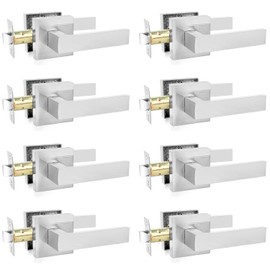 Passage Door Levers, 8 Pack Satin Nickel Heavy-Duty Door Handles, Square Non-Locking Door Knobs, Right and Left Handed for Closets, Hallways and Conference Rooms