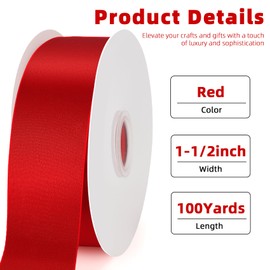 Red Ribbon 1-1/2 Inches Wide 100 Yards Red Satin Ribbon Solid Fabric Ribbons for Gift Wrapping for Christmas Tree DIY Craft Hair Bows Making Flower Bouquets Wedding Valentines Christmas Ribbons