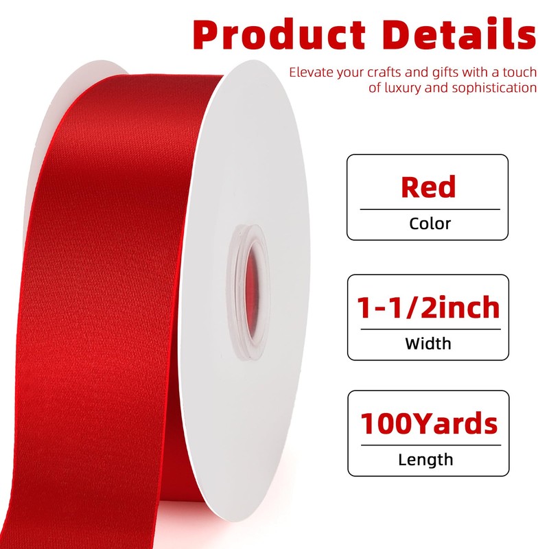Red Ribbon 1-1/2 Inches Wide 100 Yards Red Satin Ribbon