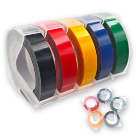 KKLM Dimo Tape, 0.3 inches (9 mm), Length 9.8 ft (3 m), 5 Piece Set (Black, Red, Blue, Yellow, Green, White Letter), Glossy 3D Specifications, DM0903B, Compatible Models: DM20008, 1595BU, 20008CP, etc