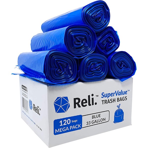 Reli. SuperValue 33 Gallon Recycling Bags (120 Count) Blue Trash Bags 30 Gallon - 33 Gallon Garbage Bags, Recycling Bags 33 Gallon with 30 Gal, 33 Gal, 35 Gal Capacity