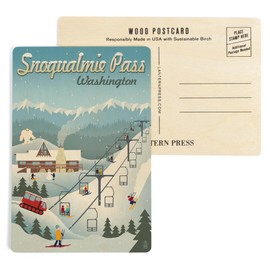 Snoqualmie Pass, Washington, Retro Ski Resort (4x6 Birch Wood Postcards, 2-Pack Stationary, Rustic Home Wall Decor)