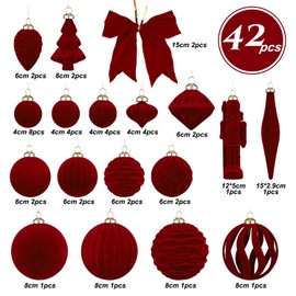 Velvet Christmas Ornaments 42pcs Shatterproof Red Christmas Tree Ball Ornament for Xmas New Year Wedding Party Decorations