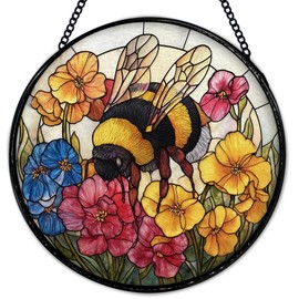 Hiuwevt Bee Suncatcher Stained Glass Window Hanging, Cottagecore Honeybee Flower Sun Catchers Indoor Window Glass Wall Art Decor, Bee Floral Round Wall Hanging Decorations, 7.9x7.9 inch