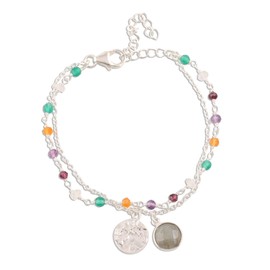 NOVICA Artisan Handmade Multigemstone Bracelet Sterling Silver from India Rainbow Moonstone Onyx Garnet Amethyst Link Charm Birthstone 'Colorful Charm'