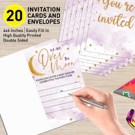 UDNADKEX Baby Shower Invitations for Girl Star with Envelopes, Invites for Baby Showers Party Over The Moon, Purple Baby Shower Invite Cards, We Are Over The Moon, 4"x6" Set of 20