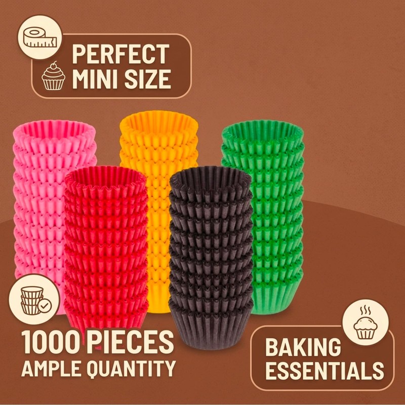 1000Pcs Mini Cupcake Cases, Assorted Yellow Brown Red Pink Green