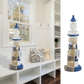 Cepewa Wooden Lighthouse, Height 33 cm, Blue and White, with Fish and Net, Decoration in Maritime Design