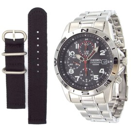 Seiko SND375P Men's Chronograph Watch with Military Style Strap, Black x Red, Regular Distribution, sports
