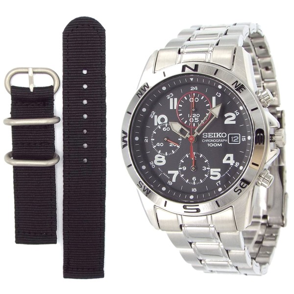Seiko SND375P Men's Chronograph Watch with Military Style Strap, Black