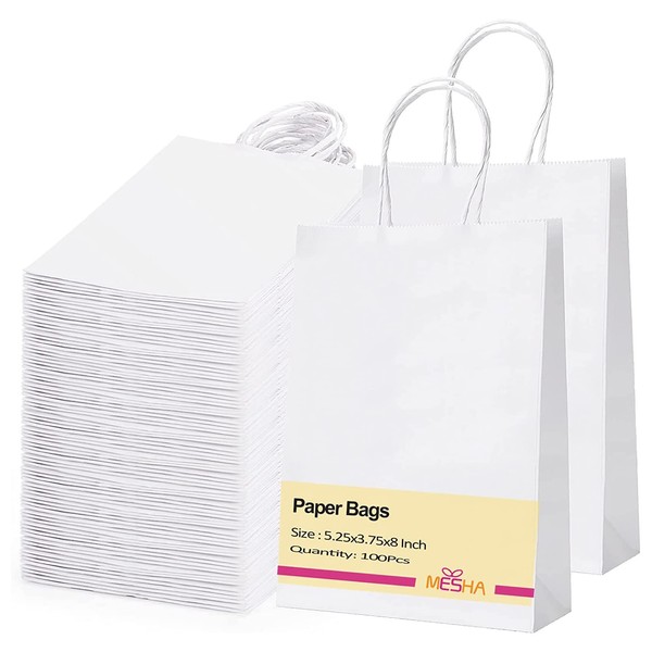 MESHA Paper Gift Bags 5.25x3.75x8 White Small Paper Bags with Handles Bulk,100 Pcs Kraft Paper Bags for Small Business,Birthday Wedding Party Favor Bags,Paper Shopping Bags