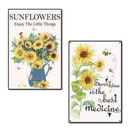 CREATCABIN 2pc Metal Tin Sign Sunflowers Sunshine Bee Retro Vintage Funny Wall Art Mural Hanging Iron Painting for Home Garden Bar Pub Kitchen Living Room Office Garage Plaque Christmas 12 x 8inch