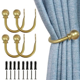 Kowibcl - Soportes para cortinas, ganchos para cortinas con tornillos montados en la pared, soportes decorativos para cortinas para recámara, sala de estar, oficina, remates de bolas doradas (4 unidades)