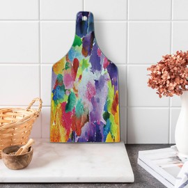 Lunarable Abstract Contemporary Cutting Board, Vivid Modern Fine Art Scratch Spots with Colorful Brushstrokes Print, Decorative Tempered Glass Cutting and Serving Board, Wine Bottle Shape, Multicolor