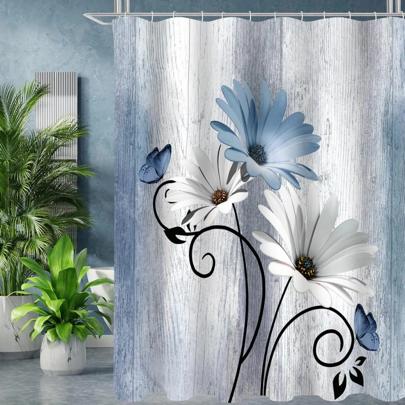 4-Piece Blue Daisy Flowers Waterproof Blackout Polyester Shower Curtain Set