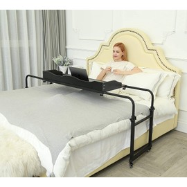 UNICOO® Adjustable Overbed Table, Over The Bed Table with Wheels, Medical Overbed Table with Wheels Adjustable Height, Rolling Desk for Full/Queen/King Bed, Sturdy Wood & Steel Frame (202-Black)