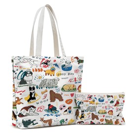 Wazzio Dog Gifts for Women with 2 Pcs Canvas Bag with Makeup Bag, Birthday Gifts for Dog Lovers, Reusable Grocery Bags Gift for Shopping Gym Travel Vacation Work