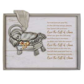 Silver Metal Baby Jesus in his Crib Religious Christmas Tree Hanging Ornament with Gold Enamel Ribbon and Beautiful Message Card