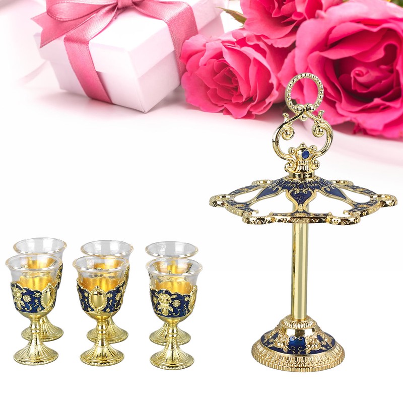 6Pcs Chinese Chalice Retro Style Zinc Alloy Glass Embossed Flower