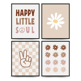 PLKMN Boho Girls Room Decor, Daisy and Beige Wall Art, Retro Preppy Prints with Checkered Peace Hand Design, 8x10 Inch, Unframed